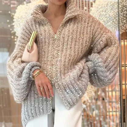 🎅Early Xmas Sales - 55% OFF🎄Fashion Sequin Full-Zipper Knit Sweater for Women