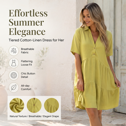 ☀️ 50 % RABATT JETZT! 👗 Damen Baumwoll-Leinen Kleid – Kragen mit Knopfleiste, Stufenrock, locker & atmungsaktiv für den Sommer 💛