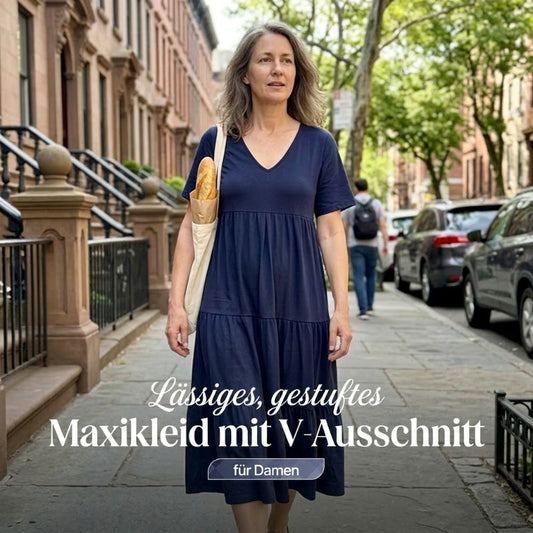 🔥 Letzter Tag! 50% Rabatt Damen Gestuftes Maxikleid mit V-Ausschnitt 💙 Weich luftig & bequem für Alltag