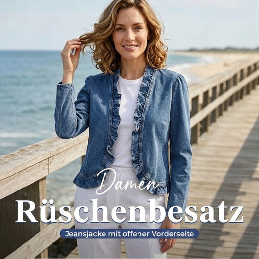 🧥 LIMITED-TIME 50% RABATT! ✨ Damen-Jeansjacke – Rüschenbesatz, Offenes Vorderteil, Leicht, Vielseitig ✨