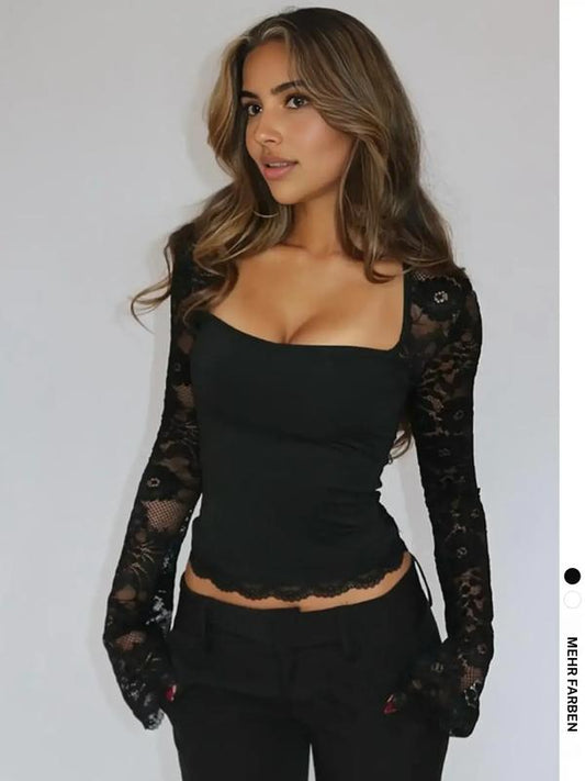 🌻Letzter Tag 50 % Rabatt🌸Einfarbiges Damen-T-Shirt mit Spitzenblumenmuster, gesplitteten Rüschen und transparenten Ärmeln🍷