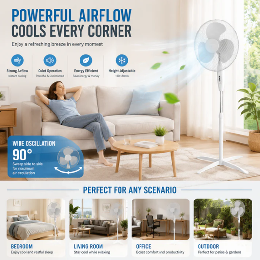 🥳HEISSER SALE 2026🥳💞50.000+ VERKAUFT!👵 📢📢⏰ Elektrischer Standventilator (40 cm) – 100 % Kupfermotor, 3 Geschwindigkeitsstufen, höhenverstellbar bis 1,25 m und geräuscharm – Weiß