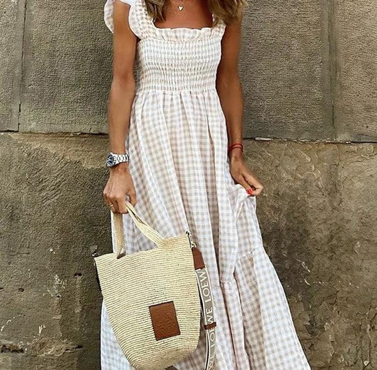 💎55 % Rabatt🌸Singing Solo – Mehrfarbiges Maxikleid mit gesmokten Büsten und Karomuster🌷Die sanften Farben des Sommers werden Ihr Outfit verschönern