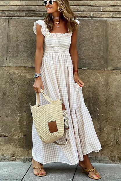 💎55 % Rabatt🌸Singing Solo – Mehrfarbiges Maxikleid mit gesmokten Büsten und Karomuster🌷Die sanften Farben des Sommers werden Ihr Outfit verschönern