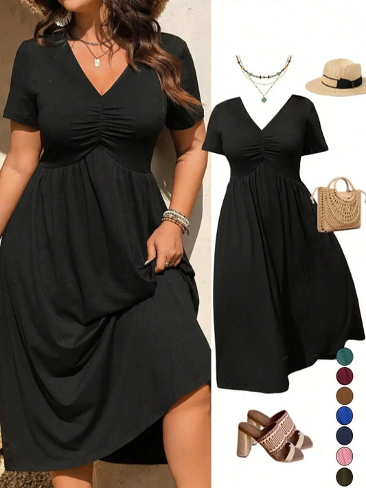 Vorverkauf👗 50% RABATT! ⏰ Midi-Kleid in Übergröße mit V-Ausschnitt & Rüschen – Kurze Ärmel, weicher Stoff – Perfekt für warme Tage, elegante Anlässe oder den Alltag – bequem & stilvoll ✨🌸