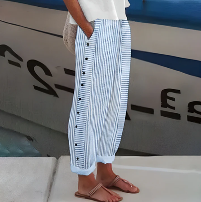 🌸⏰ LIMITIERT: -50% 💥 Gestreifte Damen-/Unisex-Hose in Blau 🌿 mit Taschen – stilvoll, leicht & hochwertig 💫