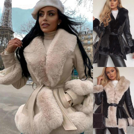 🎉Black Friday - Early Bird Price🎉Women's Faux-Leather Coat with Faux-Fur Collar