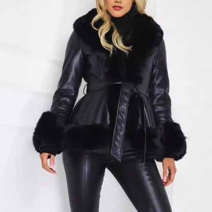 🎉Black Friday - Early Bird Price🎉Women's Faux-Leather Coat with Faux-Fur Collar