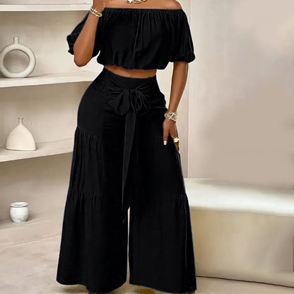 💎57% Rabatt👑Damen zweiteiliges Set: Schulterfreies Oberteil mit Puffärmeln und Weitbeinhose
