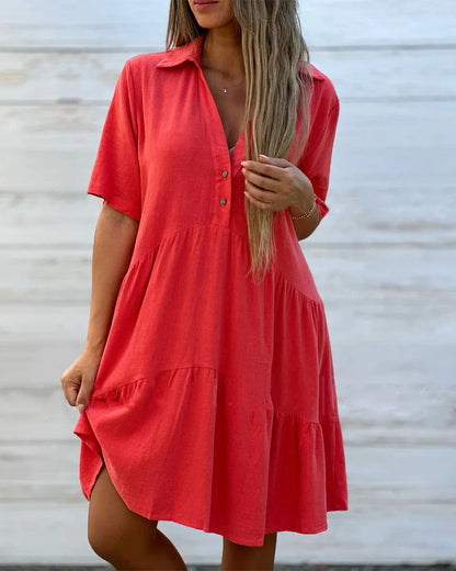 ☀️ 50 % RABATT JETZT! 👗 Damen Baumwoll-Leinen Kleid – Kragen mit Knopfleiste, Stufenrock, locker & atmungsaktiv für den Sommer 💛