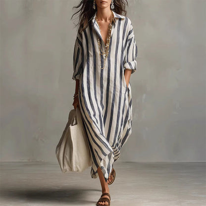 🌞Frühlingserwachen: 60% Rabatt!👗 Gestreiftes Langarm-Hemdkleid – Oversize-Schnitt mit vertikalen Streifen – Aus reiner Baumwolle & mit Seitentaschen