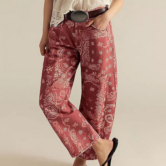 💥💥64 % Rabatt👖Damen Jeans im weiten Schnitt mit Blumenprint – 🌸Hochwertige Palazzo-Hose, Mid-Waist, 7/8 Länge 🌸👖