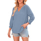 🔥🔥60 % Rabatt👚Damen-Casual-V-Ausschnitt-Shirt mit 3/4-Laternenärmeln, Falten, lockerer Hohlmuster-Bluse💃