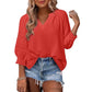 🔥🔥60 % Rabatt👚Damen-Casual-V-Ausschnitt-Shirt mit 3/4-Laternenärmeln, Falten, lockerer Hohlmuster-Bluse💃