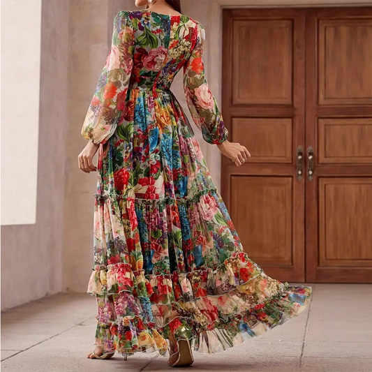 ⏳Nur für kurze Zeit: 54 % Rabatt⏰Romantisches Blumenkleid mit V-Ausschnitt und Laternenärmeln👗