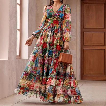 ⏳Nur für kurze Zeit: 54 % Rabatt⏰Romantisches Blumenkleid mit V-Ausschnitt und Laternenärmeln👗