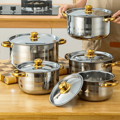💎 -69% AUF 5-TEILIGES KOCHSET! 💎 Robuster Edelstahl, Glasdeckel & Elegante Gold-Akzente