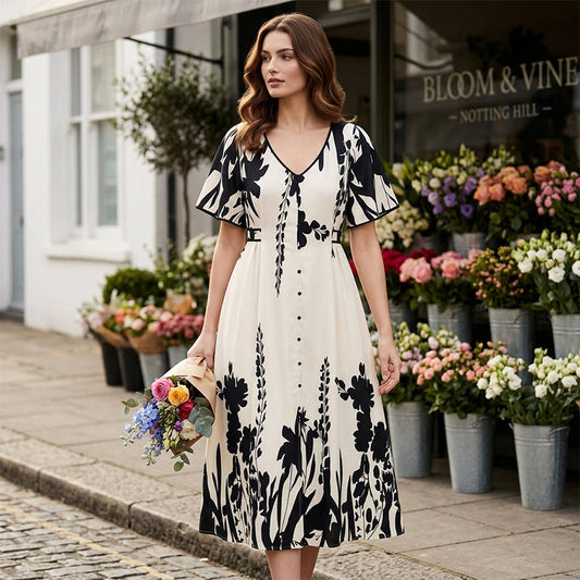 👗 63% RABATT! 🌿 Elegantes Botanisch Bedrucktes V-Ausschnitt-Midikleid – Leicht, Vielseitig & Perfekt Für Jeden Anlass 🌸
