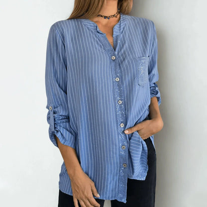 💎67% Rabatt 👚Damen-V-Ausschnitt-Streifen-Hemd mit Knopfleiste💫Bringen Sie Ihre Ausstrahlung perfekt zur Geltung