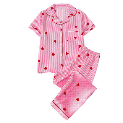 😊60 % Rabatt 🌸Damen-Pyjama-Set mit Herzprint und Streifen☁️Hautpflege, leicht wie eine Wolke