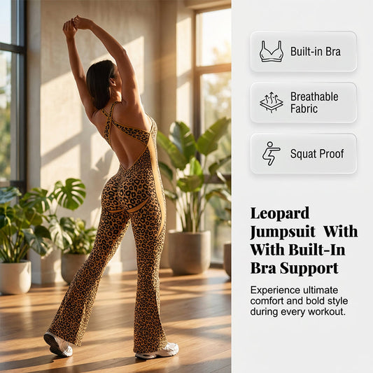 🔥52 % Rabatt Neuheit 2026🔥 Trainings-Jumpsuit für Damen mit Leopardenmuster und integriertem BH