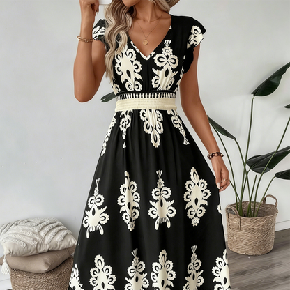 💥53% SPAREN✨🔥Fließendes Maxikleid für Damen mit V-Ausschnitt und Barockmuster🌸Das lockere Design mit feinen Mustern sorgt für angenehme Kühle im Sommer👑