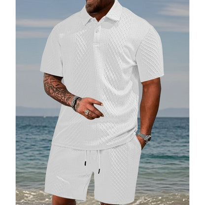 🔥70% Rabatt 👕🩳Herren-Zweiteiler mit Rautenstruktur: Kurzarmhemd mit Kragen & Shorts mit Kordelzug🌊