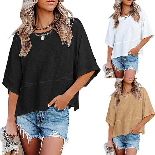 💎59 % Rabatt🌸Einfarbiges Patchwork-T-Shirt mit lockeren Fünf-Punkt-Trompetenärmeln🌈