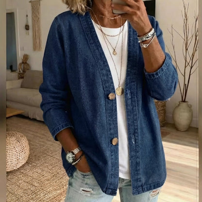 🌸⏳ 3 TAGE: 50% RABATT! Klassische Damen-Jeansjacke – V-Ausschnitt, Knopfleiste & Lockerer Casual-Schnitt ✨🧥