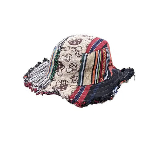 Bunter Patchwork-Hut aus Hanf mit Pilzmuster und Tasche