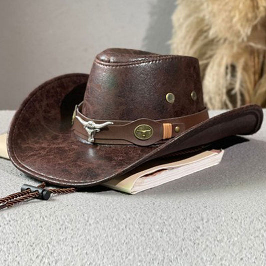 🤠 NUR FÜR BEGRENZTE ZEIT 50% RABATT! ✨ Vintage-Cowboyhut mit breiter Krempe & Riemen – PU, Einheitsgröße, Verstellbar ☀️