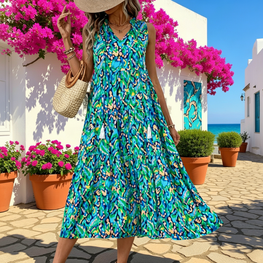 Ärmelloses, gestuftes Midikleid mit abstraktem Print für Damen