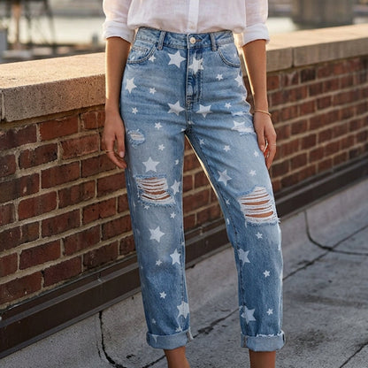 Damen Star Print Distressed High Waist Jeans