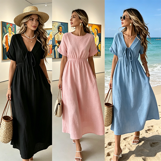 Midi-Kleid mit V-Ausschnitt und Bindeband vorne für Damen
