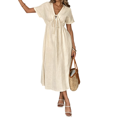 Midi-Kleid mit V-Ausschnitt und Bindeband vorne für Damen
