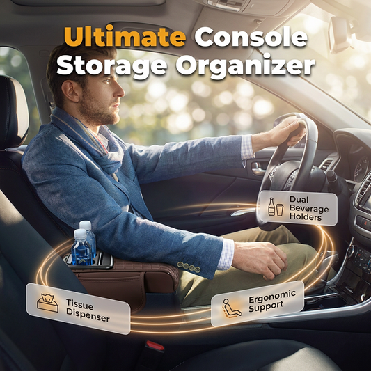 🚗5-in-1 Mittelarmlehnenpolster fürs Auto – erhöht, mit Taschentuchbox, Getränkehalter & Organizer