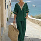 🌺Set aus elegantem Oberteil mit V-Ausschnitt und Hose mit weitem Bein