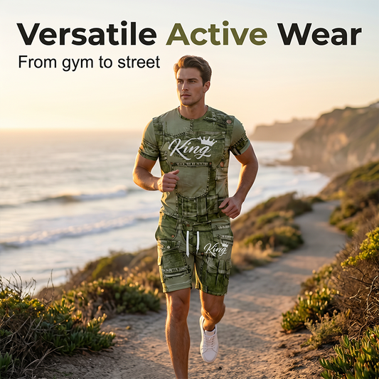 🔥 NUR SOLANGE DER VORRAT REICHT – 50% RABATT! 🎉 Herren Sportset mit Kunstdenim Print – Kurzarm T-Shirt + Cargo Shorts, elastischer Stoff für Fitness, Laufen & Alltag