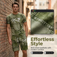 🔥 NUR SOLANGE DER VORRAT REICHT – 50% RABATT! 🎉 Herren Sportset mit Kunstdenim Print – Kurzarm T-Shirt + Cargo Shorts, elastischer Stoff für Fitness, Laufen & Alltag