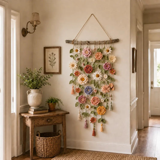 ❄️Sommerfrische 50 % Rabatt!🌸Gehäkelte Blumen-Wanddeko – Boho-Wandhänger mit Blumen, grünen Ranken & Quasten für Schlafzimmer und Wohnzimmer