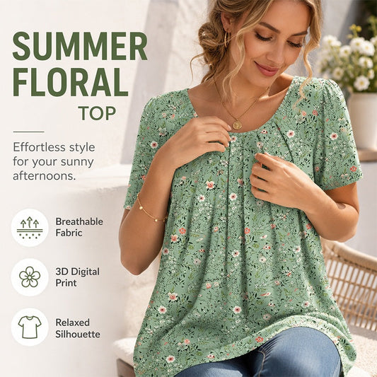 🌺Damen-Top mit Rundhalsausschnitt und kurzen Ärmeln, geblümt