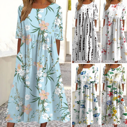 👗🌸Elegantes Damen-Blumenkleid mit Rundhalsausschnitt und langer Länge