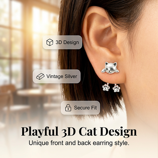 🎉 NUR FÜR BEGRENZTE ZEIT 50% RABATT! 🐱 3D Süße Lugschauende Katzen-Ohrstecker – Verspieltes Vorne-Hinten-Design, Vintage-Silberfinish & Leichter Tragekomfort ✨