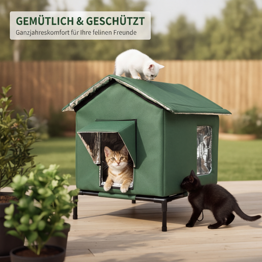 ⏰ NUR FÜR KURZE ZEIT: 50 % RABATT! 🐈 Wetterfestes erhöhtes Katzenhaus für den Außenbereich – aus wasserdichtem Oxford-Gewebe, mit thermischer Aluminiumauskleidung und klappbarem Design 🌧️