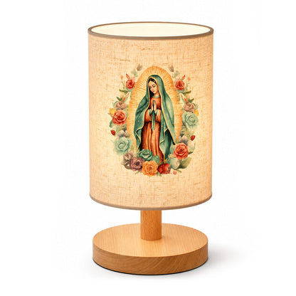 Tischlampe aus Holz mit Jungfrau-Maria-Muster