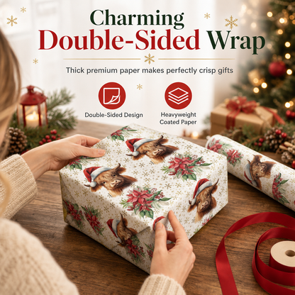 Weihnachtliches Geschenkpapier mit Highland-Rind und Blumen, Rolle 43 × 500 cm